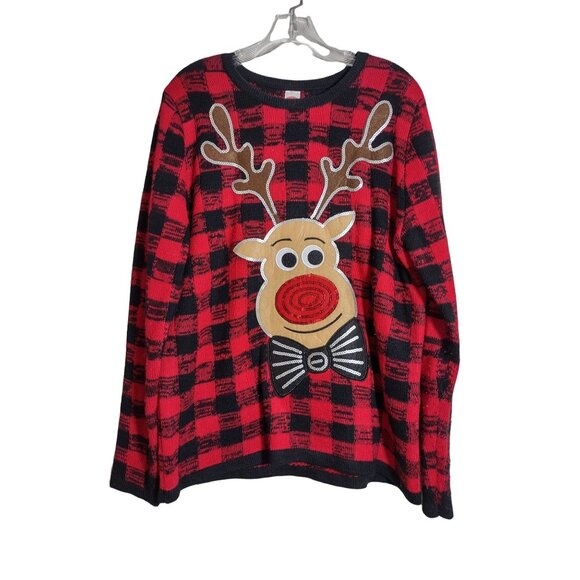 Vintage Holiday Time Rudolph Ugly Sweater Crew Neck Red Black Christmas Large - Picture 1 of 4